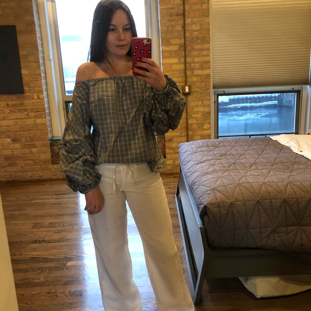 Off the Shoulder puff sleeve plaid Blouse